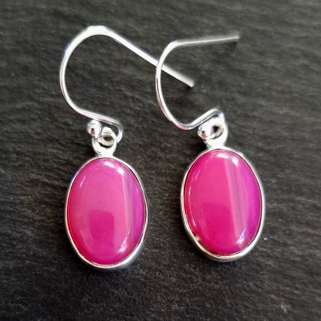 HOT Pink Agate Earrings, Large Oval 14mm x 10mm 925 Sterling Silver Earrings, Bright Fuchsia Pink Gemstone, Mistry Gems, E2PAG