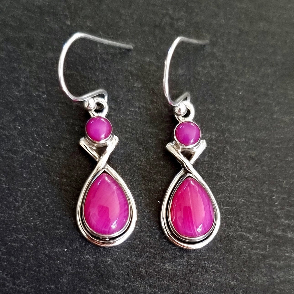 Elegant HOT Pink Agate Earrings, Two Stone Teardrop 925 Sterling Silver Dangle Earrings, Bright Fuchsia Pink Gemstone, Mistry Gems, E1PAG