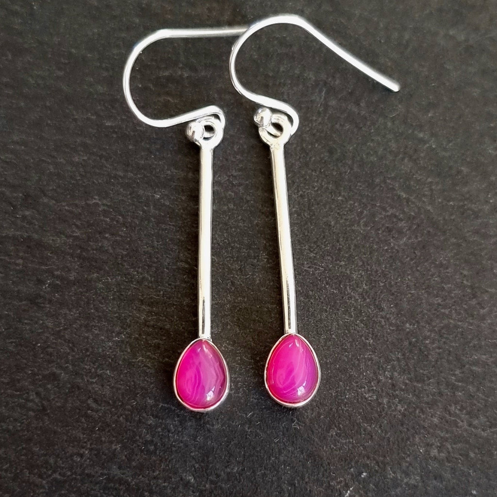 Elegant Long HOT Pink Agate Earrings, Modern 925 Sterling Silver Earrings, Bright Fuchsia Pink Gemstone, Mistry Gems, E15PAG