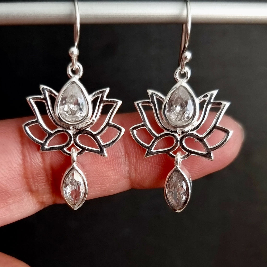 Cubic Zirconia Sterling Silver Lotus Flower Earrings, E64CZ