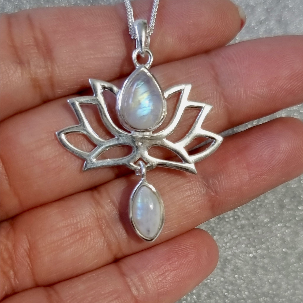 Moonstone Lotus Flower Pendant | 925 Sterling Silver, P6M