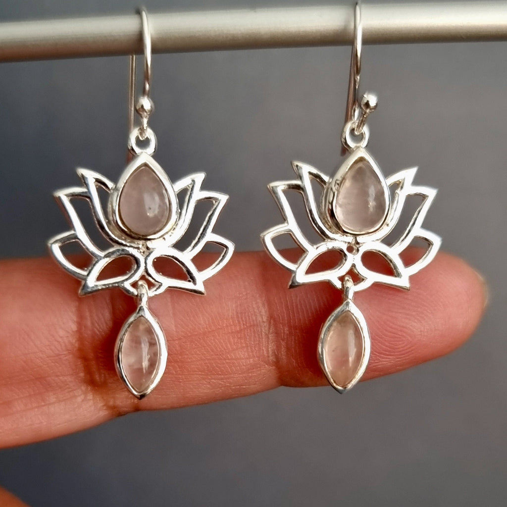Rose Quartz Sterling Silver Lotus Flower Earrings, E64RQ