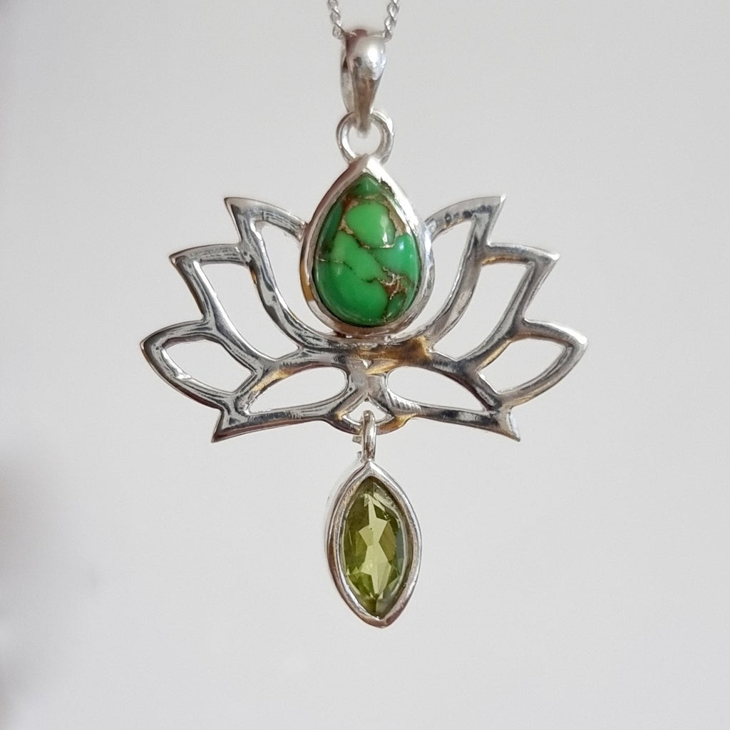 Green Copper Turquoise Peridot Silver Lotus Flower Pendant, P6GCTP