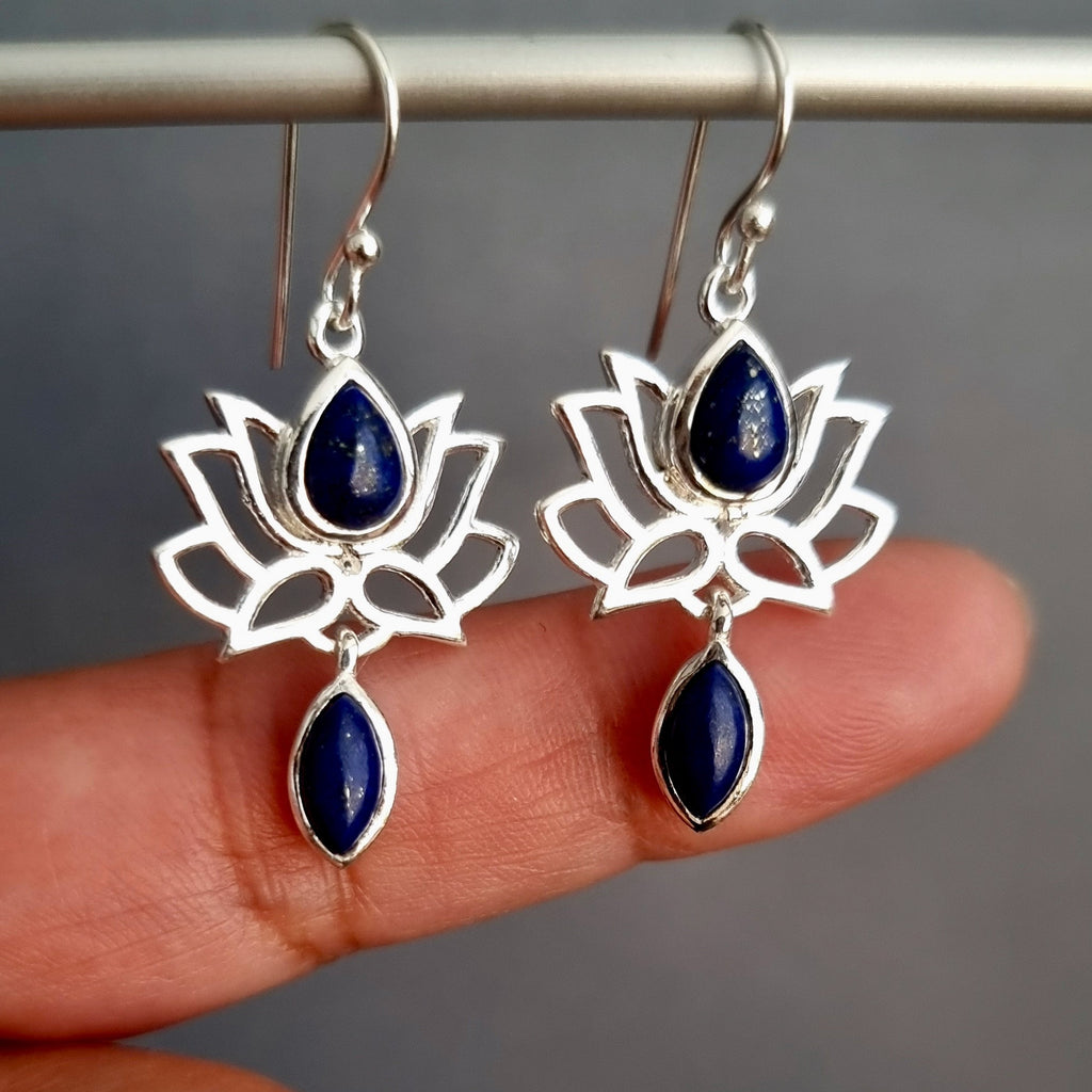 Lapis Lazuli Sterling Silver Lotus Flower Earrings, E64LL