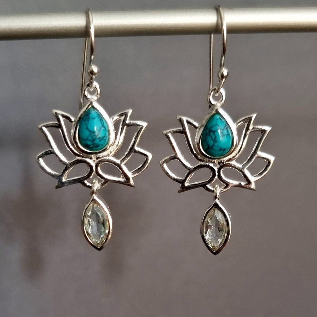 Turquoise Blue Topaz Sterling Silver Lotus Flower Earrings, E64TBT