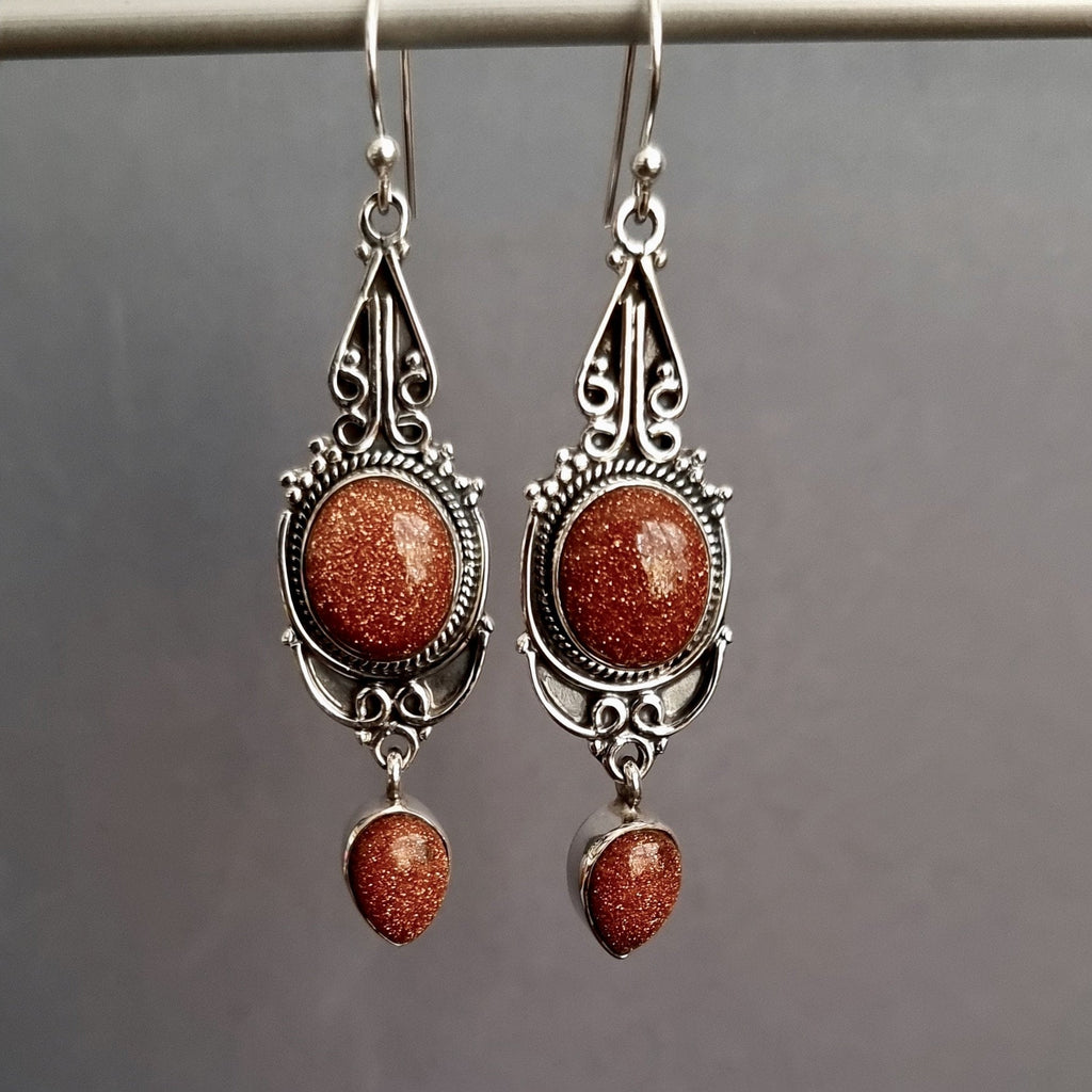 Boho Long Goldstone Oxidised Sterling Silver Earrings, E38GS