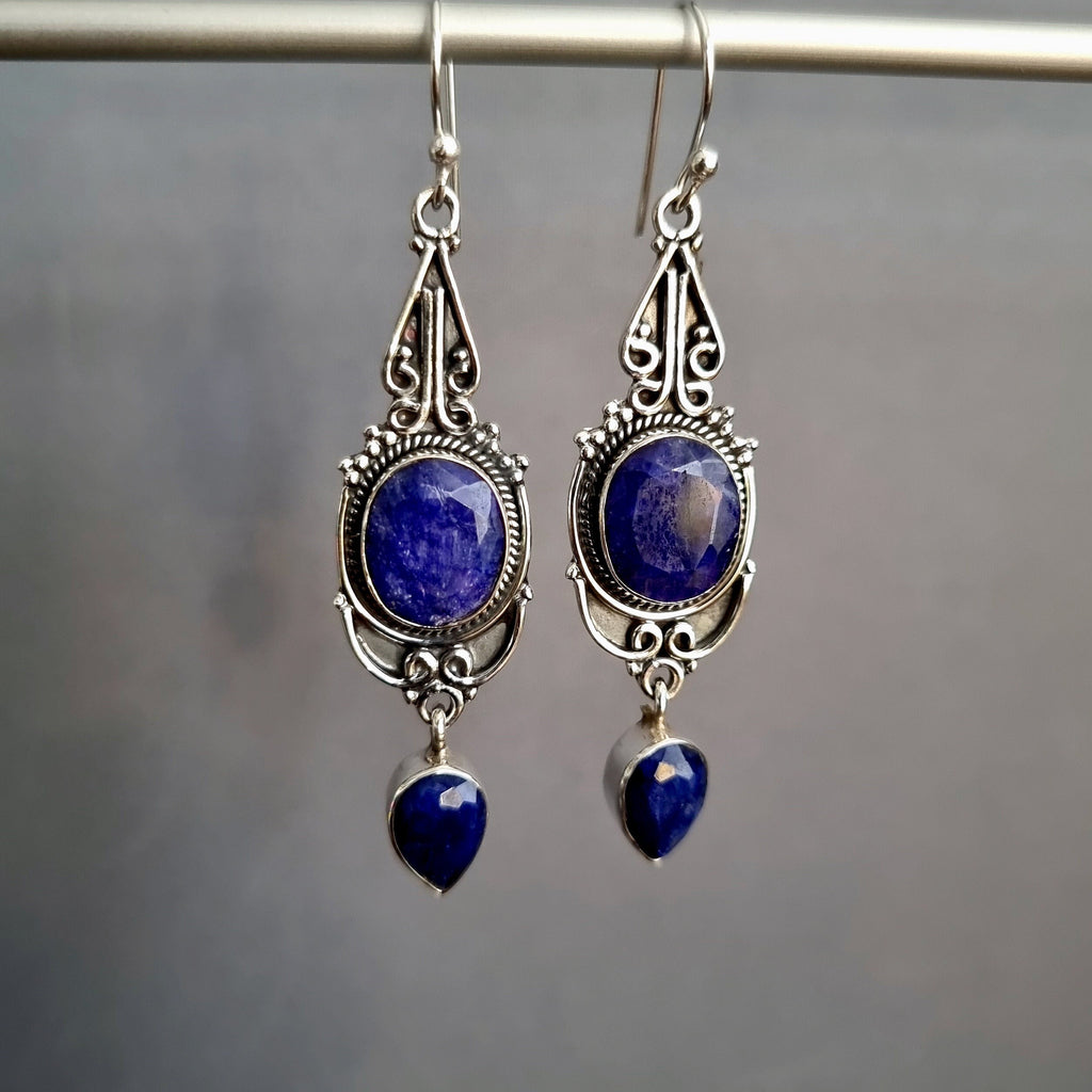 Boho Long Sapphire Earrings, Oxidised 925 Sterling Silver, Total Length 6.3cm, May Birthstone, 20th Anniversary Present, Mistry Gems, E38S