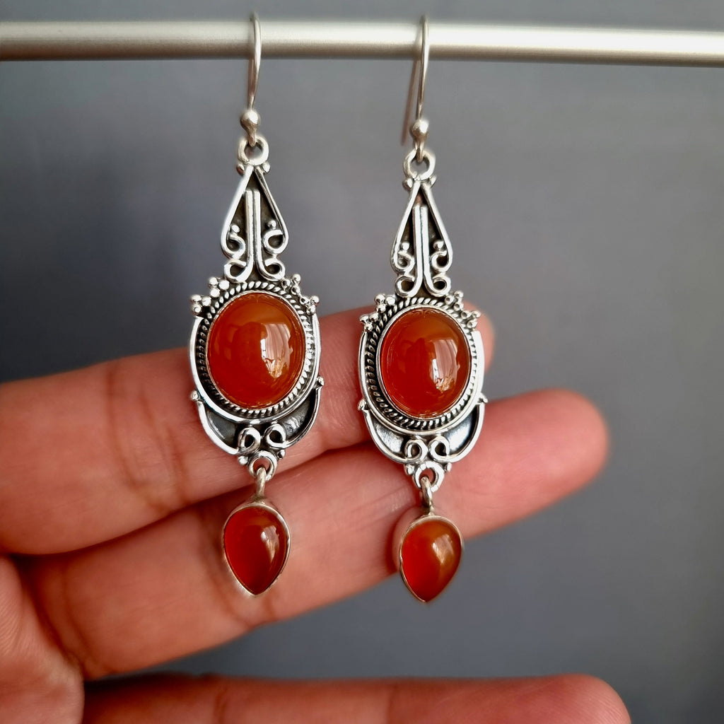 Boho Long Carnelian Earrings, Oxidised 925 Sterling Silver Earrings, Total Length 6.3cm, Burnt Orange Gemstone Jewelry, Mistry Gems, E38CARN
