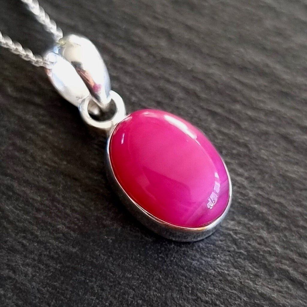 Bold HOT Pink Agate Pendant, Oval 14mm x 10mm Sterling Silver Necklace, Fuschia Pink Pendant Gemstone Jewellery, Mistry Gems, PAGP20