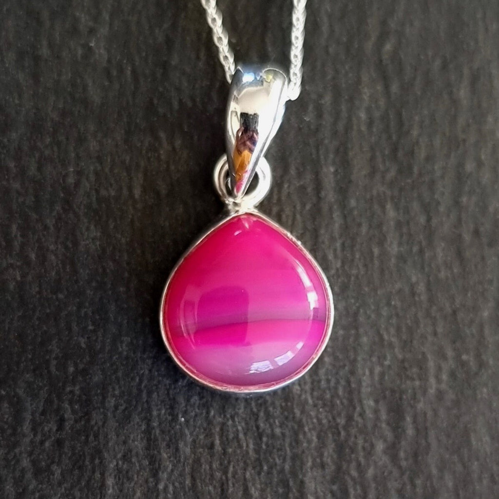 HOT Pink Agate Pendant, Wide Teardrop 14mm x 12mm Sterling Silver Necklace, Fuschia Pink Pendant Gemstone Jewellery, Mistry Gems, PAGP23