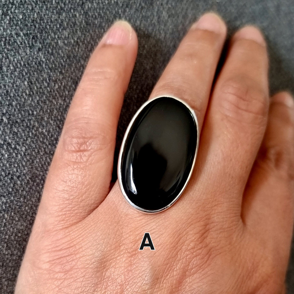 Large Adjustable Black Onyx Ring, 925 Sterling Silver, Oval Stone 32-34mm x 19-21mm, Ring Sizes US 5, 6, 7, 8 / UK J to P, Mistry Gems, R236