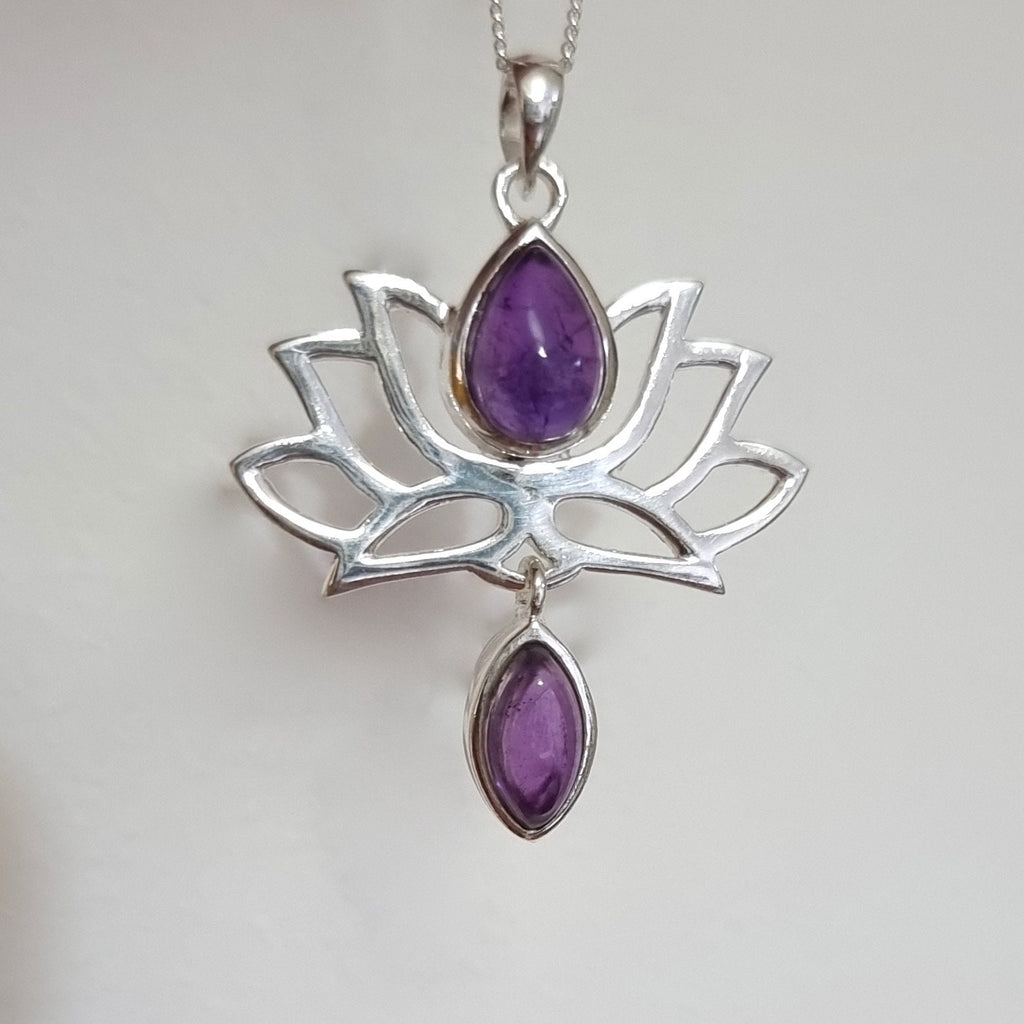 Cabochon Amethyst Sterling Silver Lotus Flower Pendant, P6A