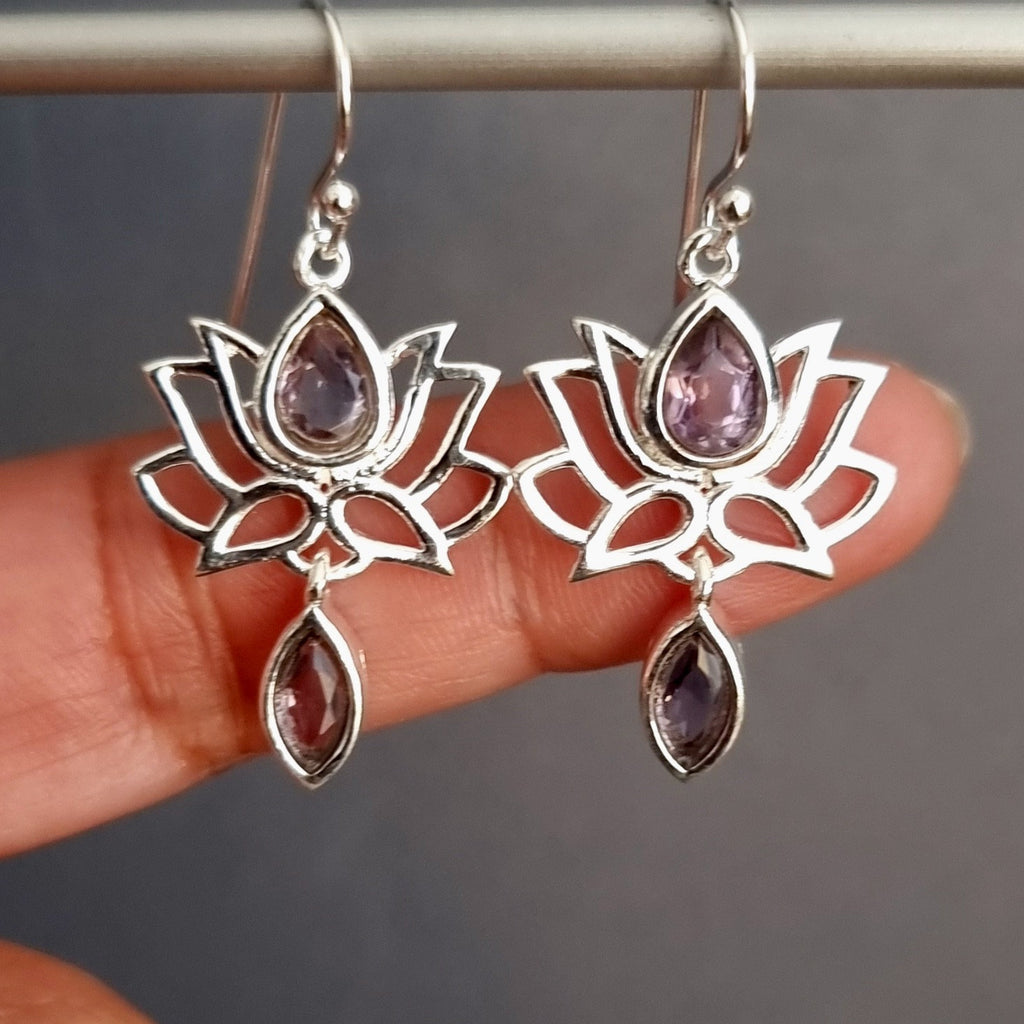 Facetted Amethyst 925 Silver Lotus Flower Earrings, E64AF