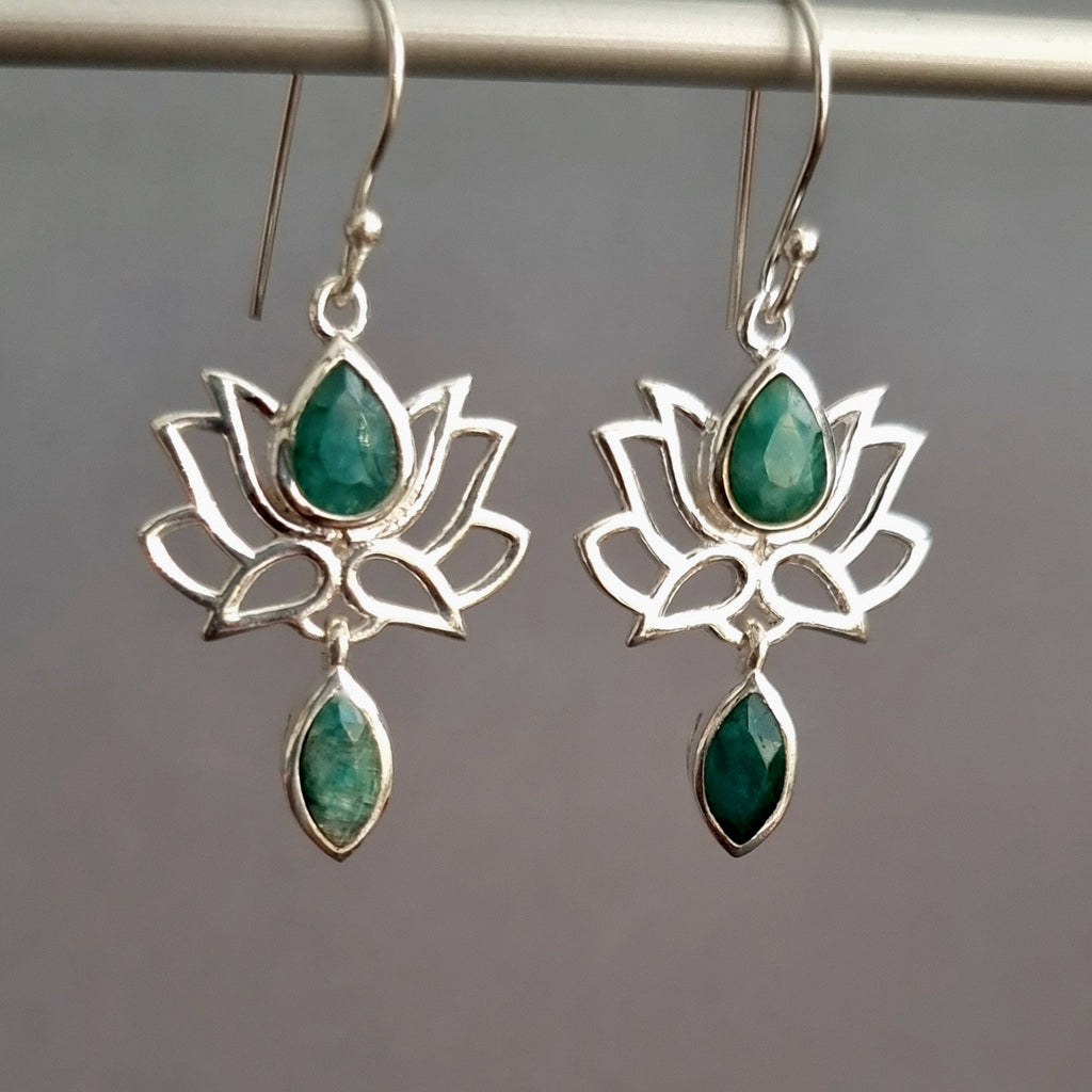 Emerald 925 Sterling Silver Lotus Flower Earrings, E64EM