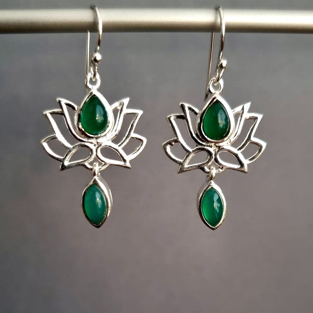 Green Onyx 925 Sterling Silver Lotus Flower Earrings, E64GO