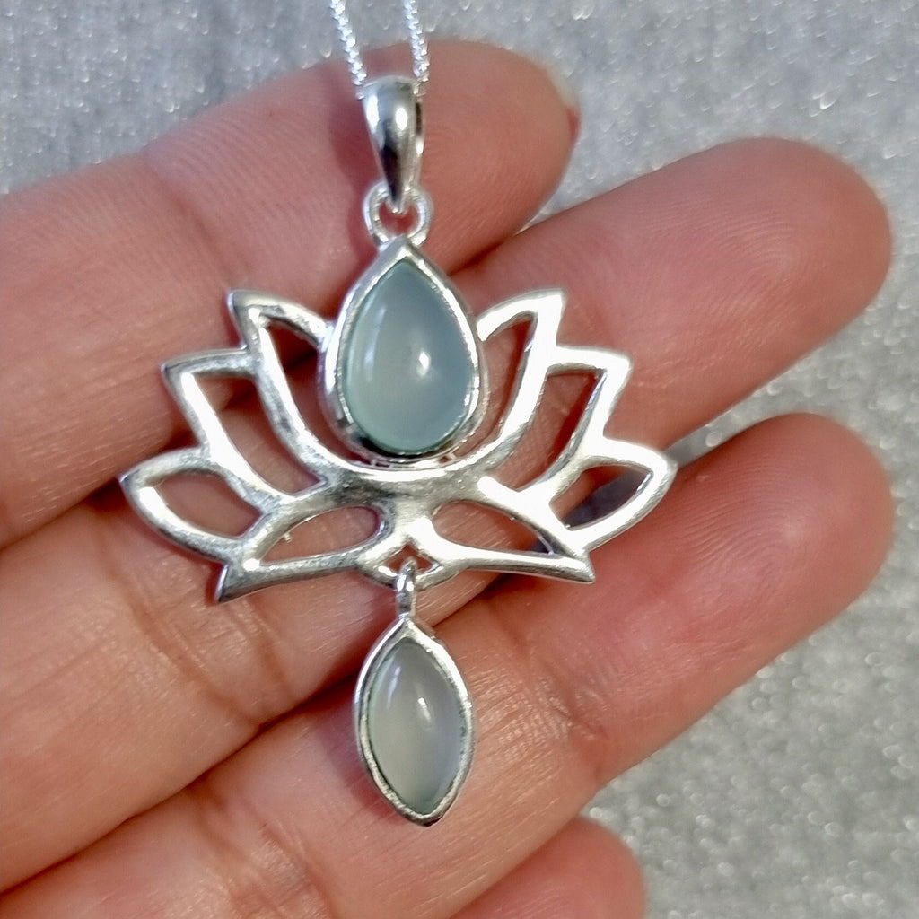 Aqua Chalcedony Sterling Silver Lotus Flower Pendant, P6C