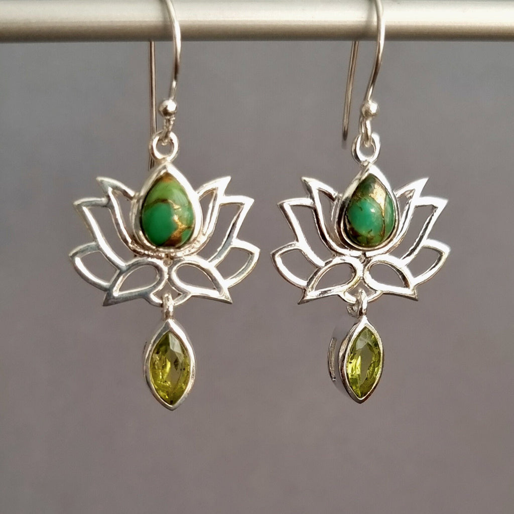 Green Copper Turquoise Peridot 925 Silver Lotus Flower Earrings, E64GCTP