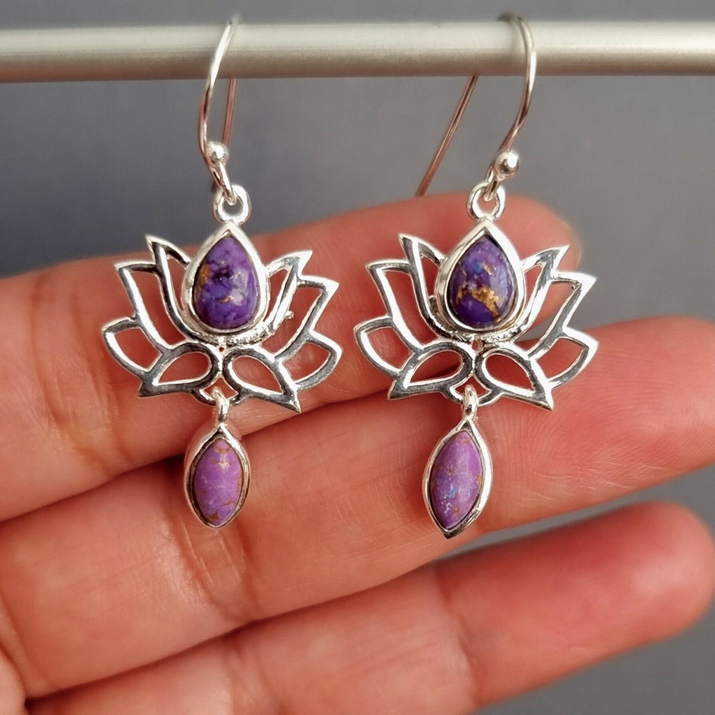 Purple Copper Turquoise 925 Silver Lotus Flower Earrings, E64PCT