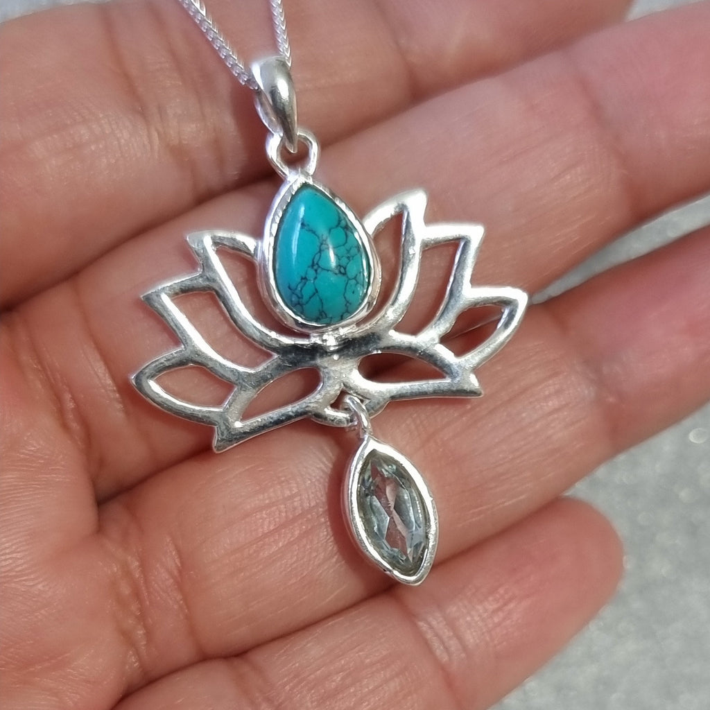 Turquoise Blue Topaz Sterling Silver Lotus Flower Pendant, P6TBT
