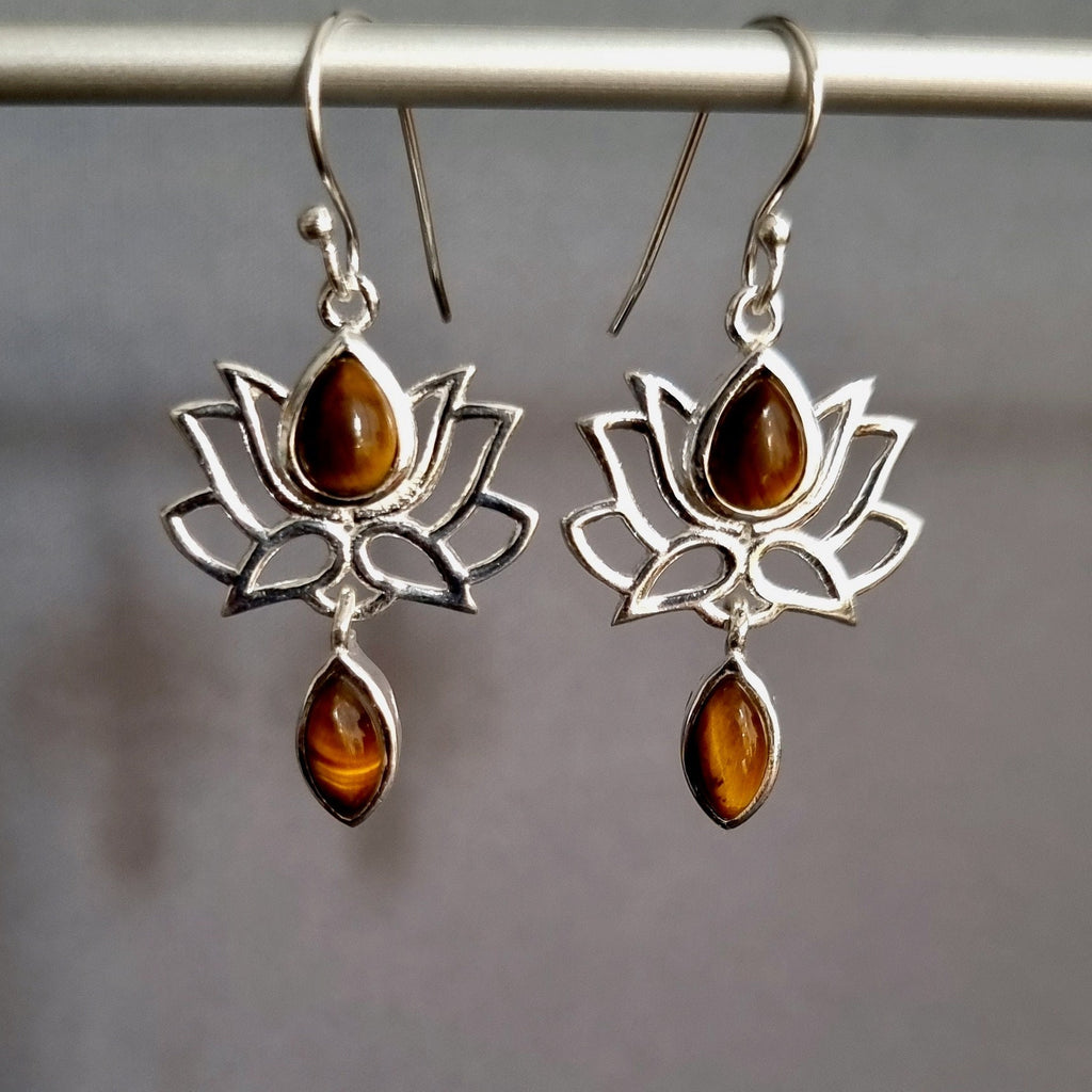 Tigers Eye Sterling Silver Lotus Flower Earrings, E64TE