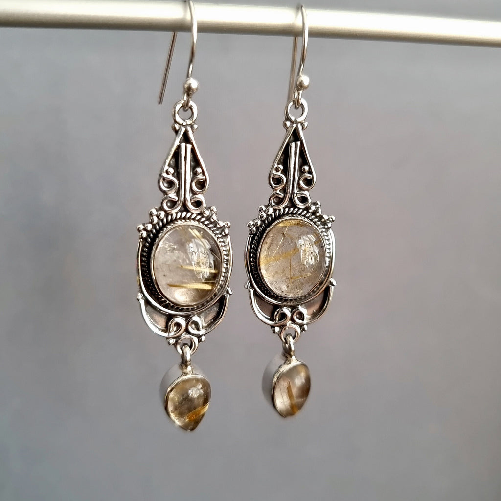 Boho Long Golden Rutile Quartz Oxidised Sterling Silver Earrings, E38RUT