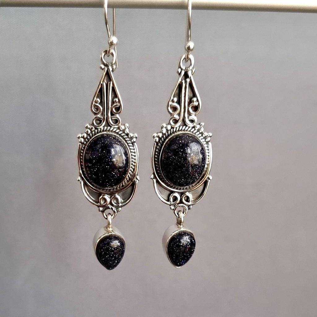 Boho Long Blue Goldstone Oxidised Sterling Silver Earrings, E38BS