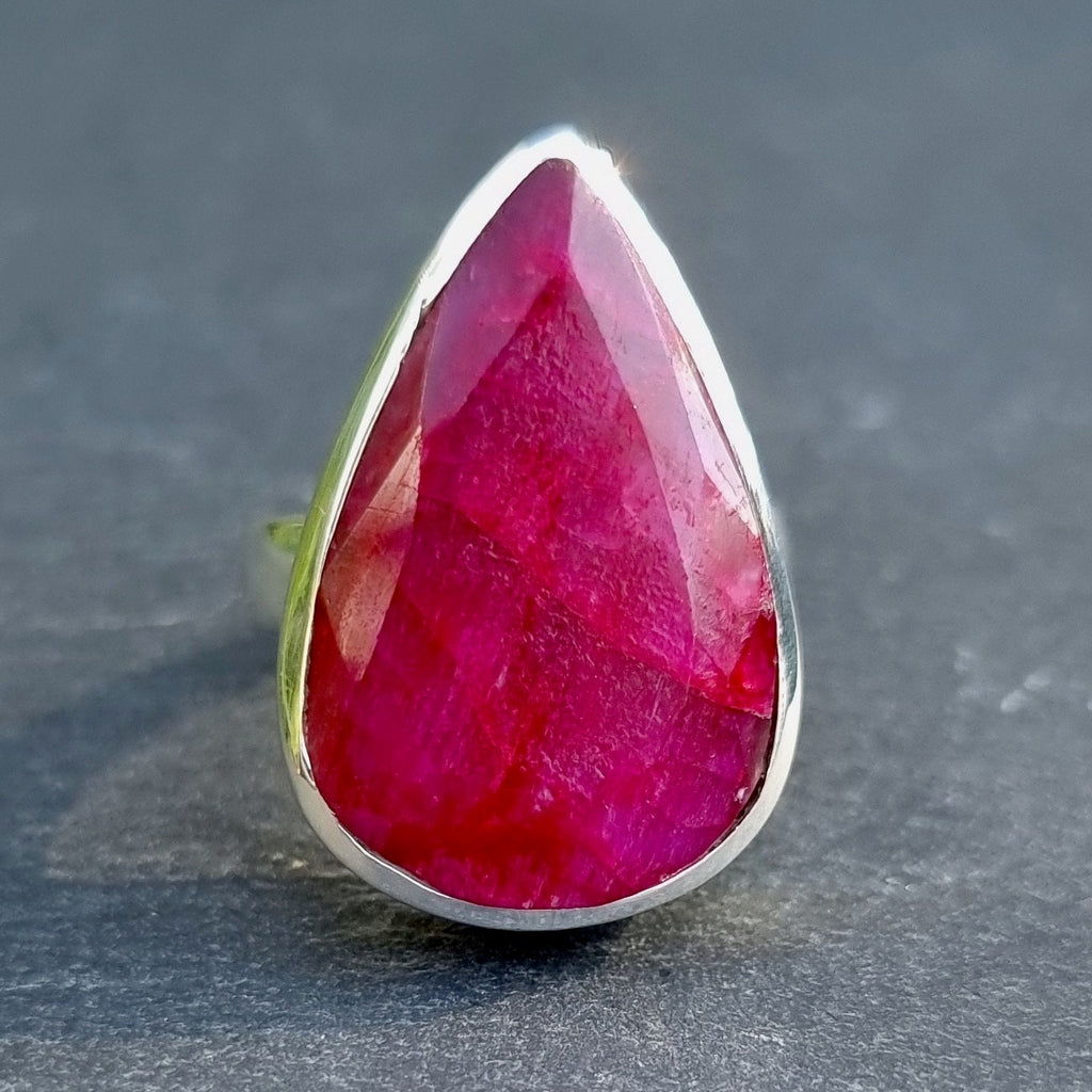 Chunky Teardrop Adjustable Ruby Ring, 925 Sterling Silver, Stone 2.5-2.7cm x 1.6-1.8cm, July Birthstone, 40th Anniversary, Mistry Gems, R237