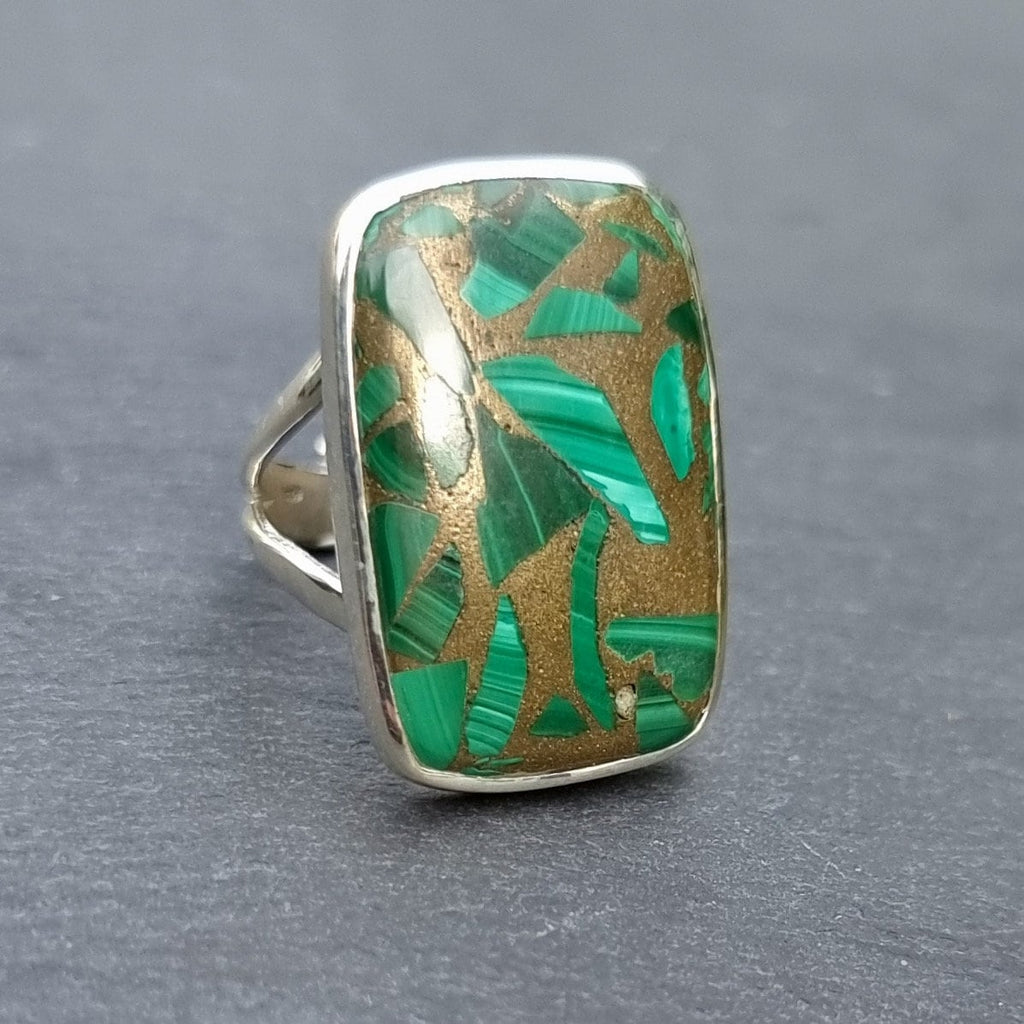 Adjustable Rectangle Copper Malachite Ring, 925 Sterling Silver, Size US 6 3/4 UK N, Stone Size 2.6cm x 1.7cm, Mistry Gems, R100