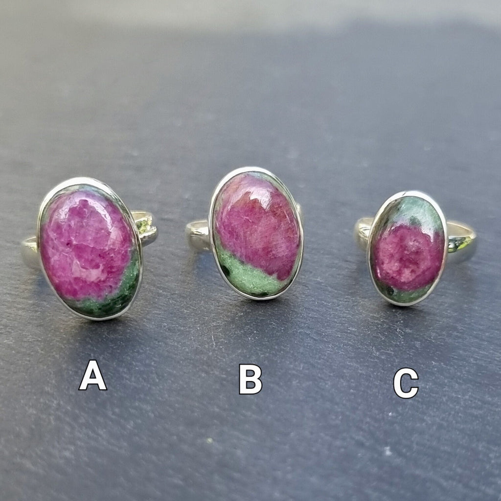 Adjustable Small Oval Ruby Zoisite Ring, 925 Sterling Silver, Sizes US 4 3/4 to 8 UK J to P, Stone 1.5-1.8cm x 1.0-1.2cm, Mistry Gems, R66