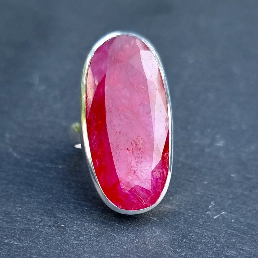 Chunky Long Oval Adjustable Ruby Ring, 925 Sterling Silver, Stone 3.4-3.7cm x 1.6-1.7cm, July Birthstone, 40th Anniversary, Mistry Gems,R234