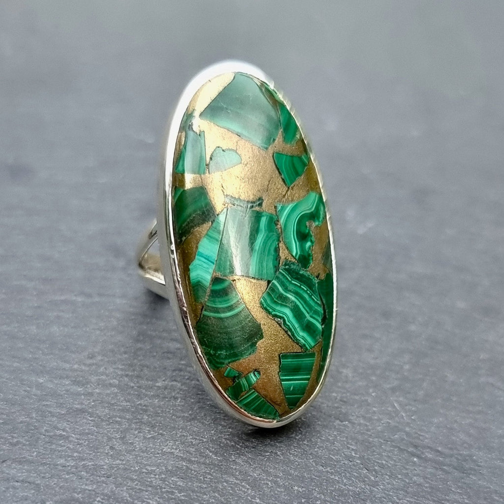 Adjustable Copper Malachite Sterling Silver Ring, Size US 8 1/2 UK Q1/2, Long Oval Stone Size 3.8cm x 1.7cm, Mistry Gems, R98